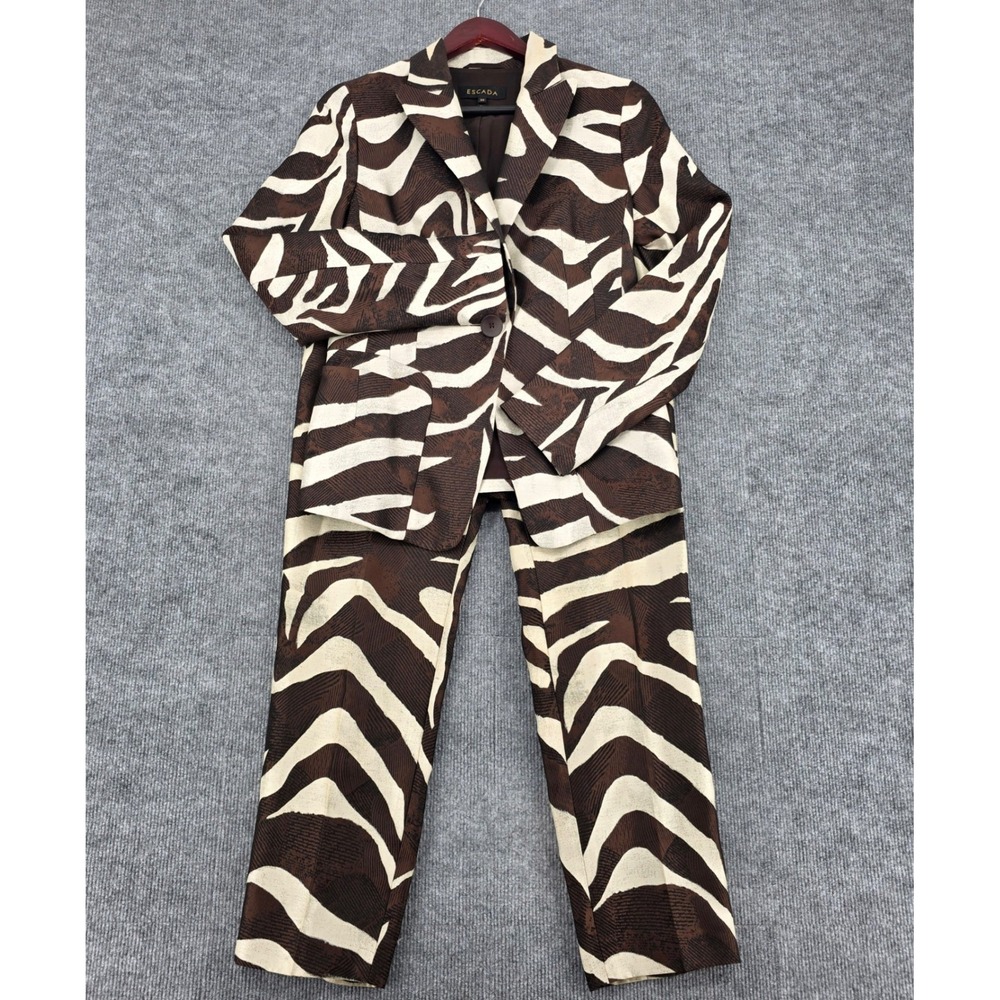 Escada Balanca Zebra Print Pant Suit Mocca Brown Cream Blazer Trousers Size 36